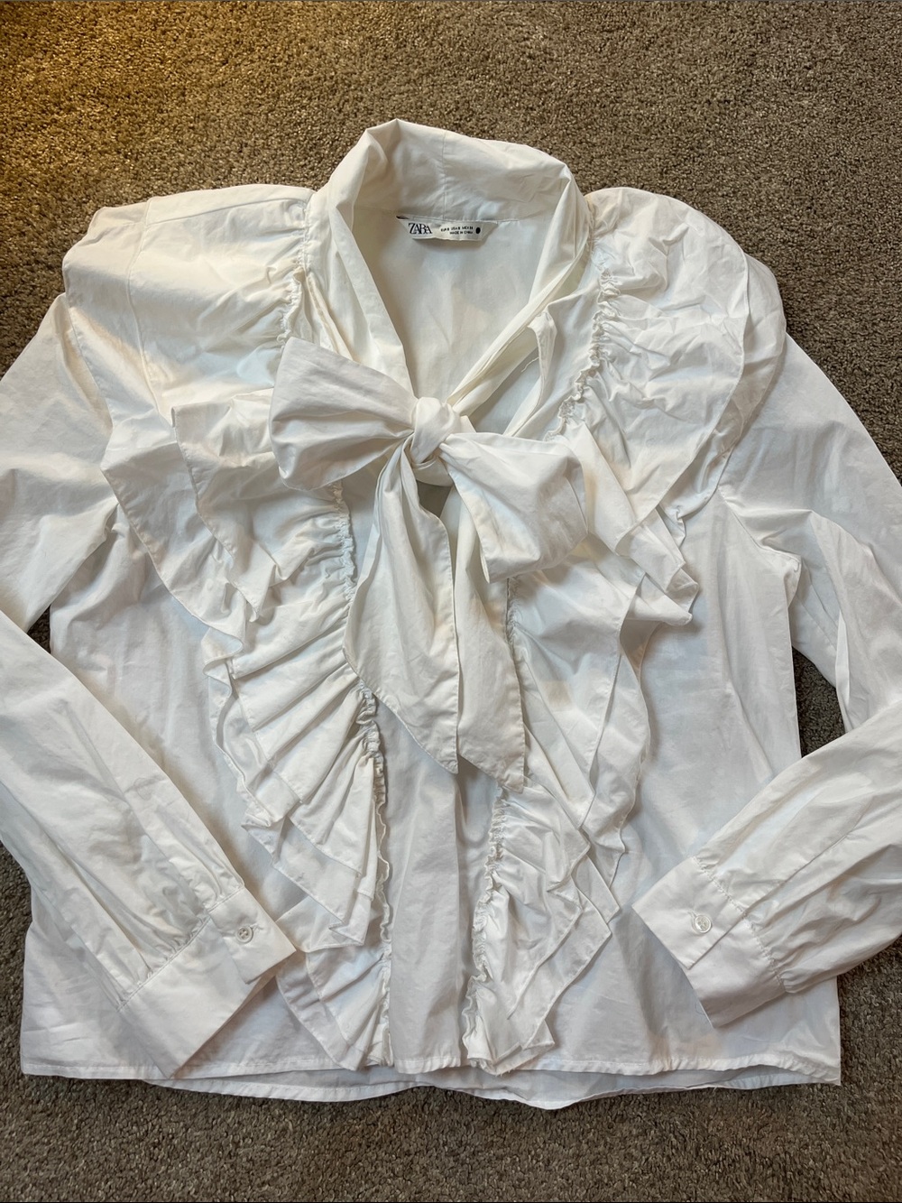 👑👑Zara 💯%Cotton Generous szS Mega Maximalist Double Ruffle Big Bow White Blouse - Picture 10 of 10